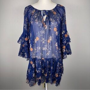 Free People XS Blue Rust Floral Tunic Top Dress Sheer Oversized Boho chic dainty
